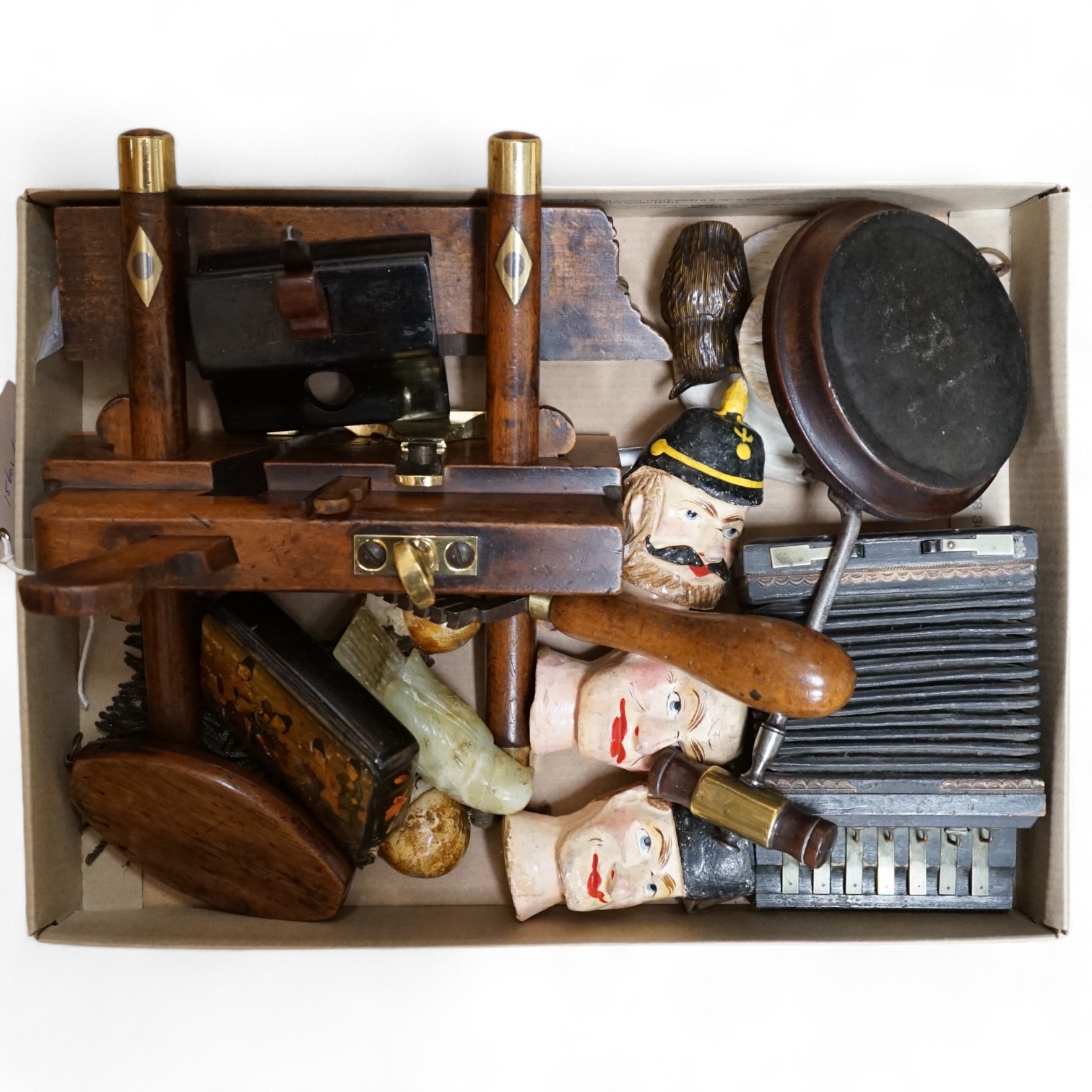 Mixed collectables to include a Fillister plough plane, a butter mould, a snuff box and carved novelties. Condition - varies, mostly fair